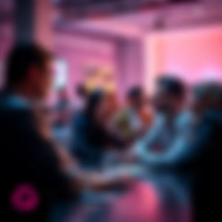 A group of people discussing Cardano applications like staking and NFTs in a casual setting