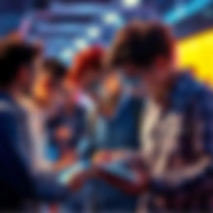 A group of people interacting with devices and sharing ideas