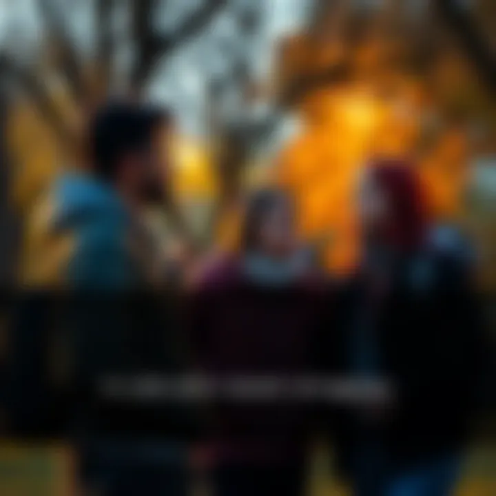 A group of people looking concerned while discussing their struggles in a park.