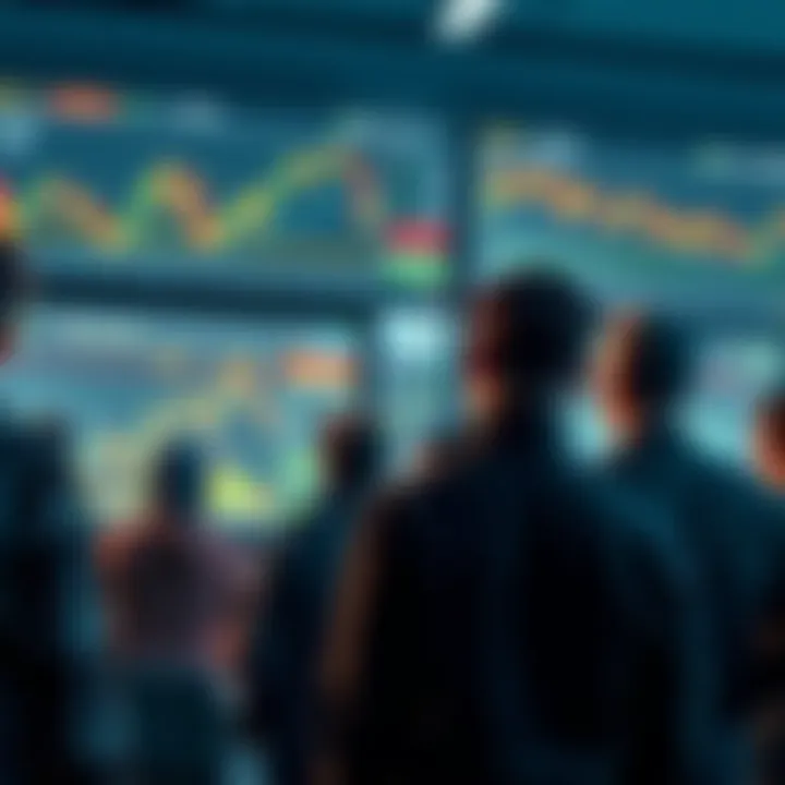 A group of people looking at cryptocurrency charts and screens with indifferent expressions, highlighting the lack of excitement in the current market.