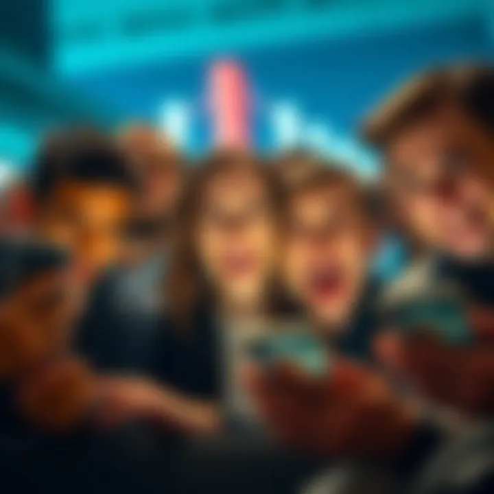 A group of people showing mixed emotions as they watch cryptocurrency values on their devices, some smiling with excitement and others looking worried, depicting the emotional impact of digital curren...
