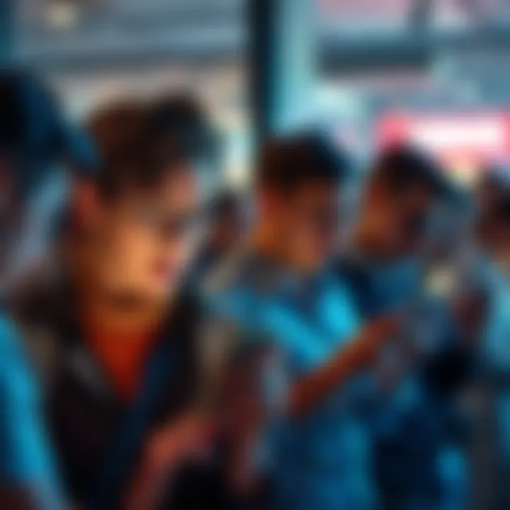 A group of people looking shocked and confused while reading news on their smartphones and tablets