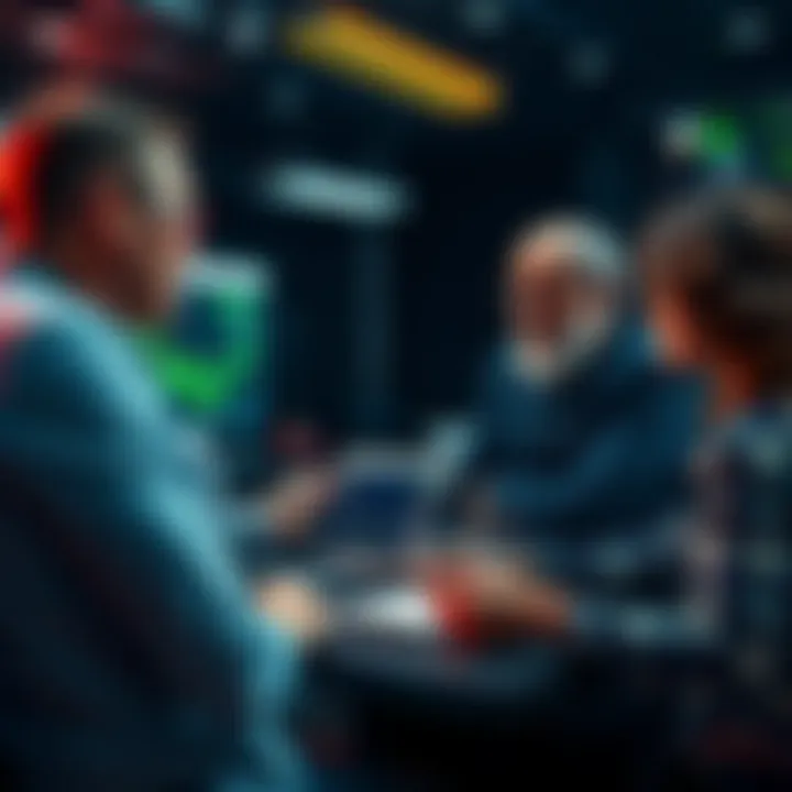 Group of people discussing cryptocurrency investment strategies, with charts and graphs displayed on laptops