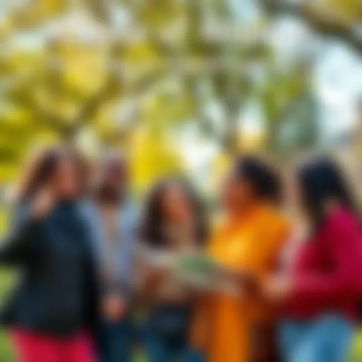 People sharing positive news A group of diverse people smiling and discussing positive news together in a bright, sunny park