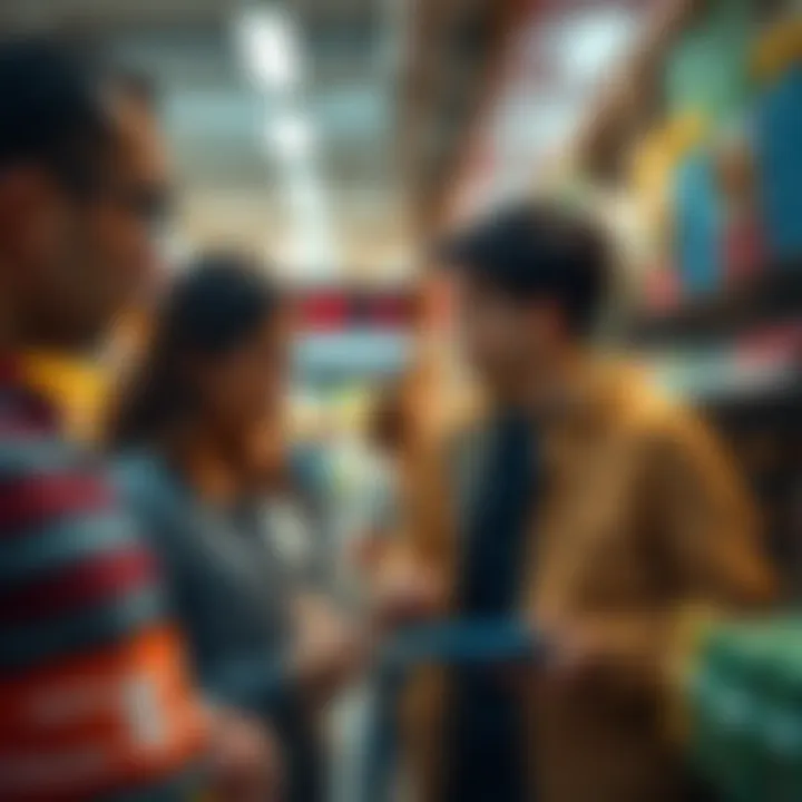 People looking at rising prices in a store A group of people examining price tags on groceries, showing concern over increasing costs.