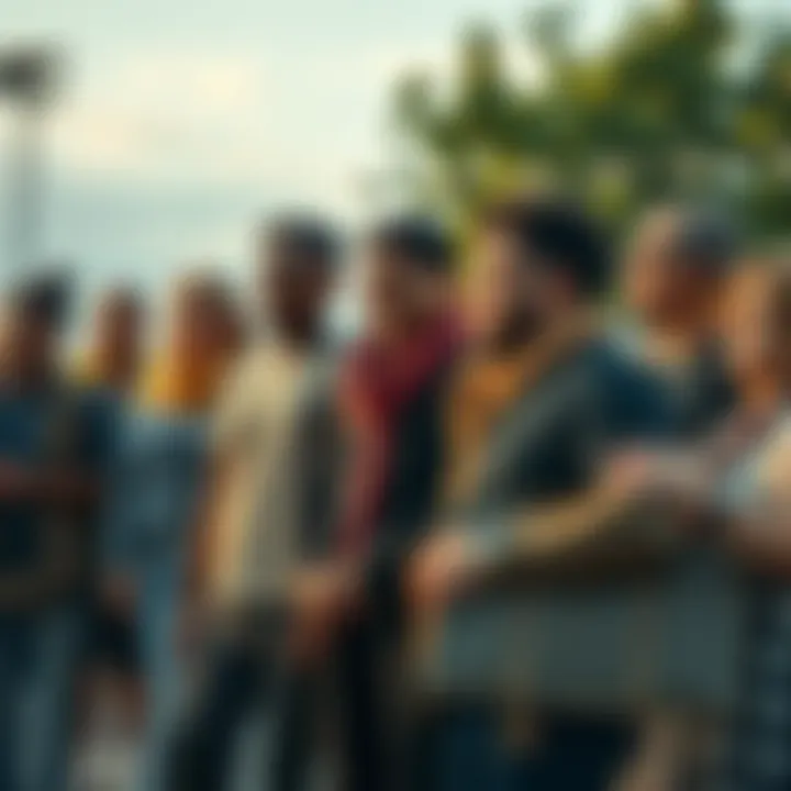 A diverse group of people standing together with hopeful expressions, sharing encouraging words and showing unity in a challenging environment.