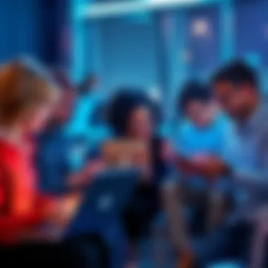 Group of people discussing chat features on laptops and phones