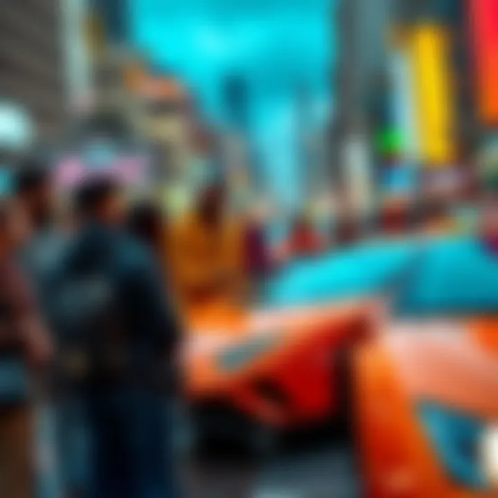 People Asking About Lamborghinis A group of hopeful people humorously discussing their dream cars, with a focus on Lamborghinis, against a vibrant city backdrop.