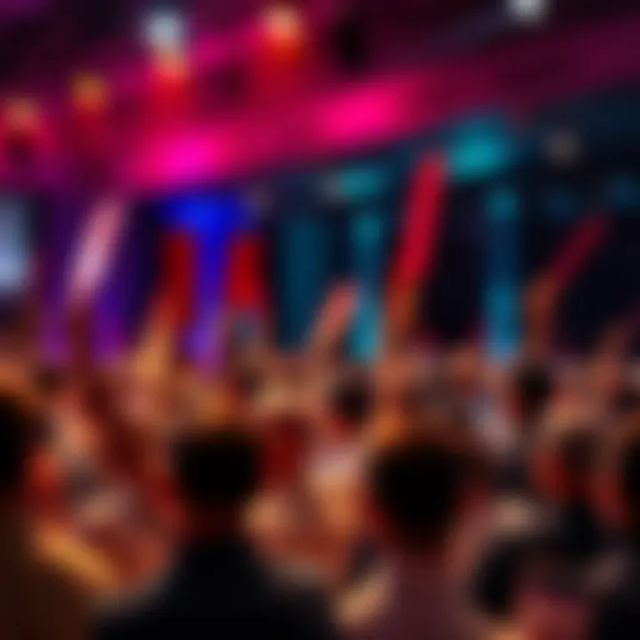 A lively scene of people raising paddles to place bids at a large auction event