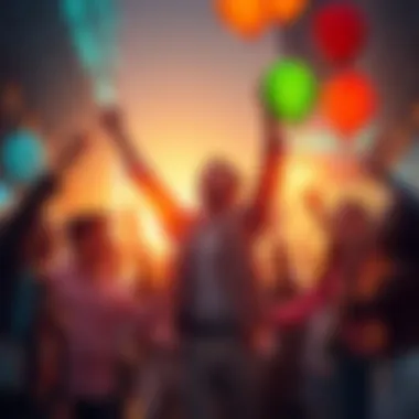 Group of people joyfully celebrating a small increase in the stock market, holding charts and balloons