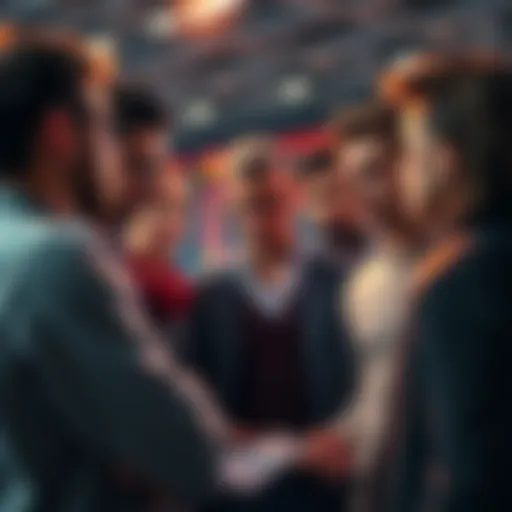 Group of people looking at charts and discussing leverage trading profits, expressing feelings of inadequacy