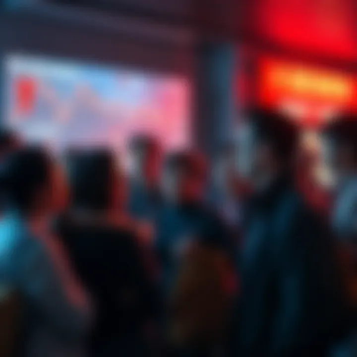 A group of people looking worried and discussing among themselves as they watch a downward trend on a digital screen