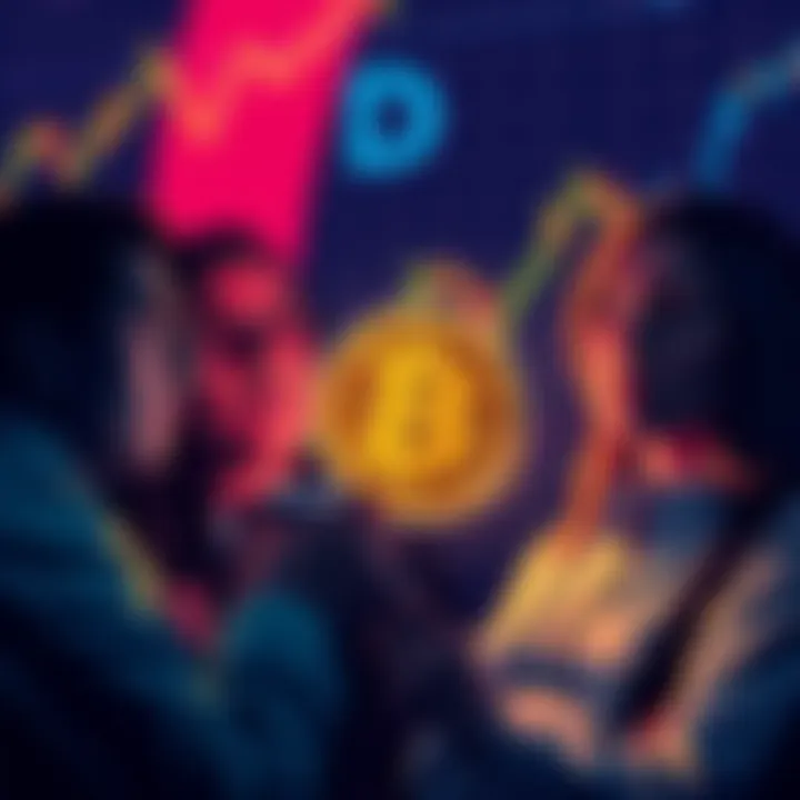 Group of people expressing disappointment while checking their investment in pi, surrounded by falling charts