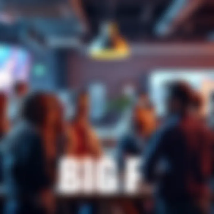 A group of people engaging in an animated conversation about BIG F in a lively setting
