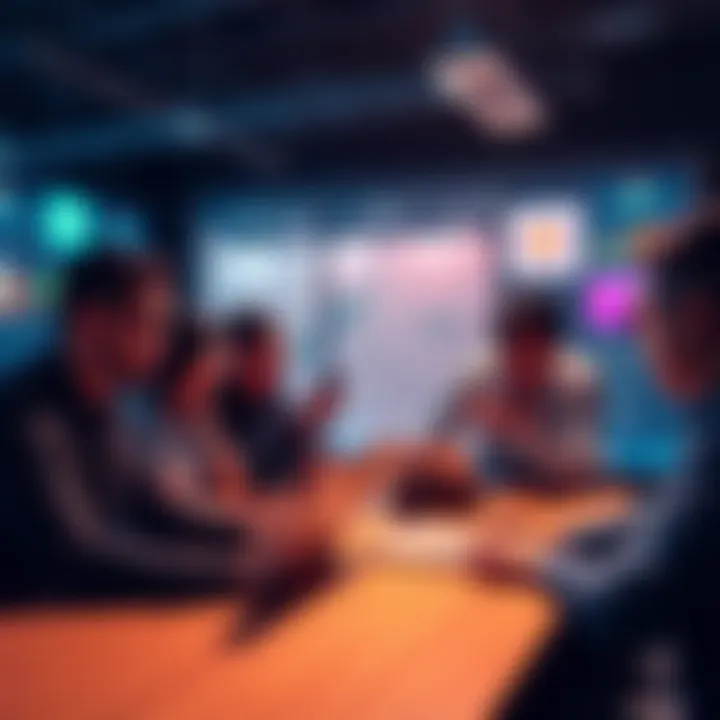 A group of people engaging in a discussion about Bitcoin with laptops and phones.