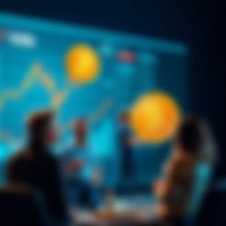 People discussing Bitcoin Group of people chatting about Bitcoin with charts and graphs in the background