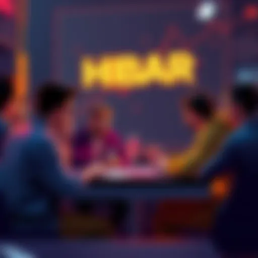 A group of people gathered around a table, discussing HBAR and market trends, showing concern about its declining value.