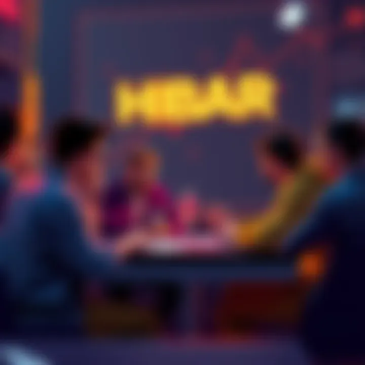A group of people gathered around a table, discussing HBAR and market trends, showing concern about its declining value.