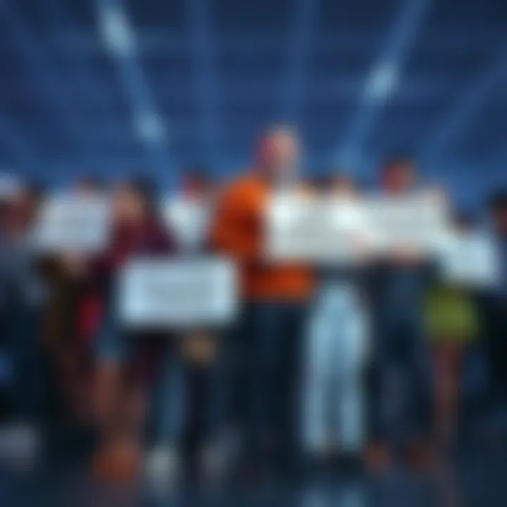 A diverse group of individuals standing together, holding signs that symbolize their commitment to long-term investments, showing unity during market changes.
