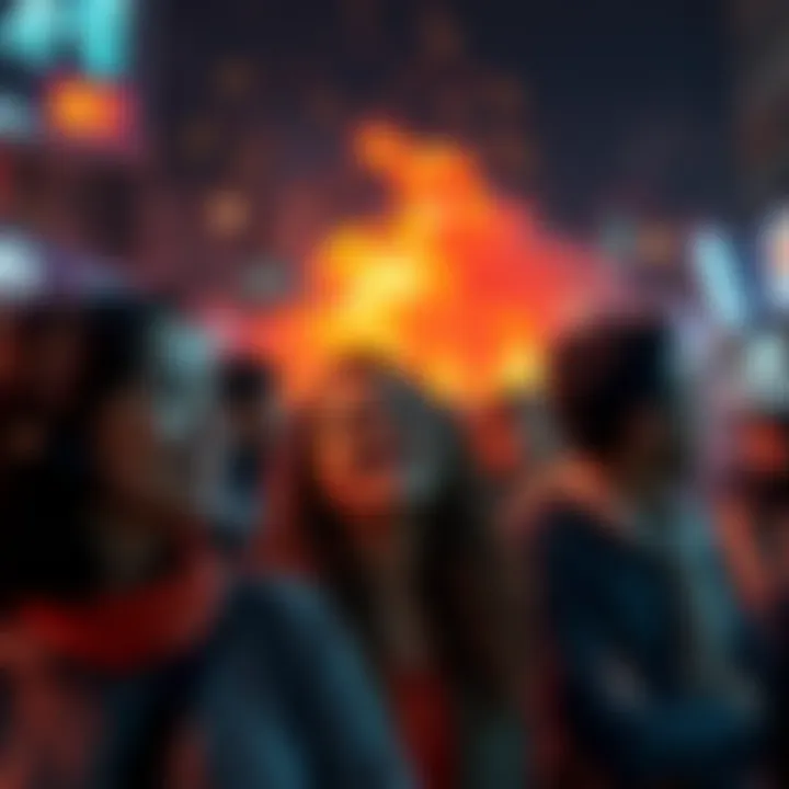 A group of people smiling and looking away while chaos unfolds behind them, showing a contrast between their calm demeanor and the surrounding turmoil.