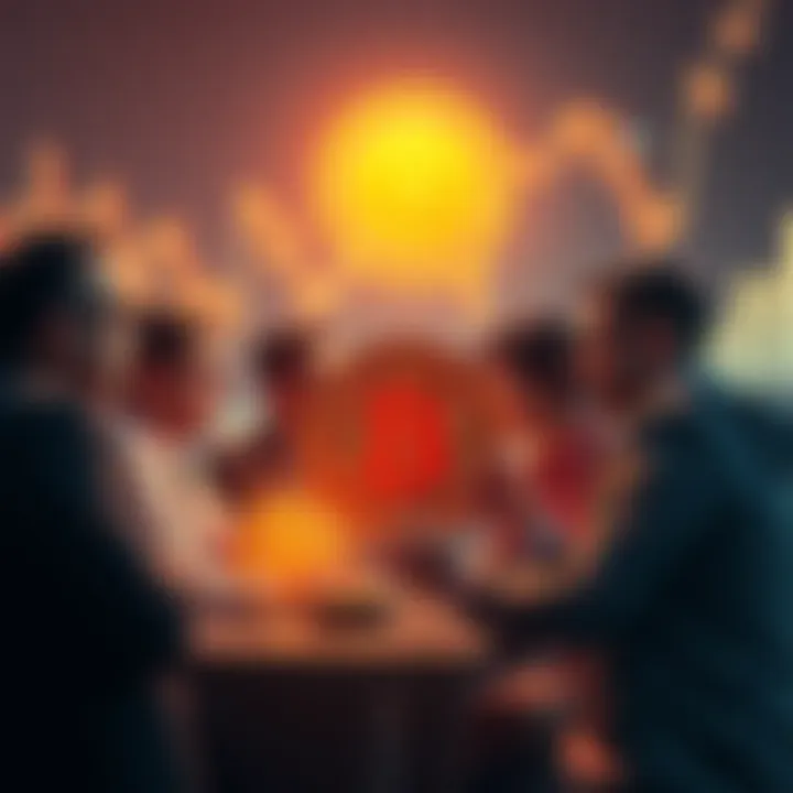 Group of people discussing Bitcoin investments with charts and graphs in the background.