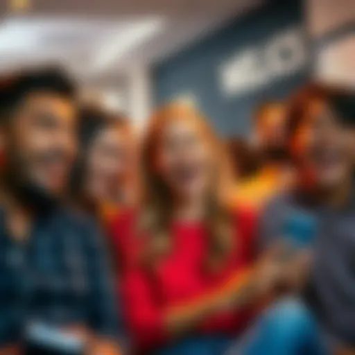 Group of people reacting with laughter after seeing a funny surprise on their screens