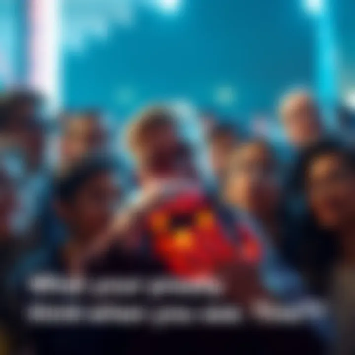 A group of diverse people with varying expressions, looking at an unexpected image that evokes curiosity and thought.