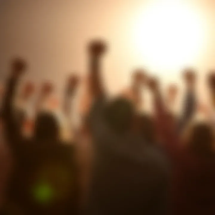 A diverse group of people standing together with raised fists, symbolizing unity and empowerment, against a bright background.