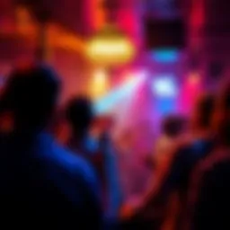 A lively karaoke scene with people singing along to Sleep Token songs like Granite and Damocles in a bar