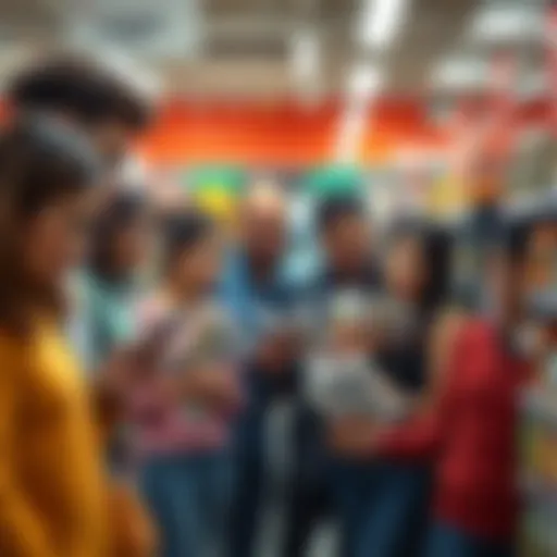 A worried group of people examining bills and prices in a grocery store, showing concern over rising costs.