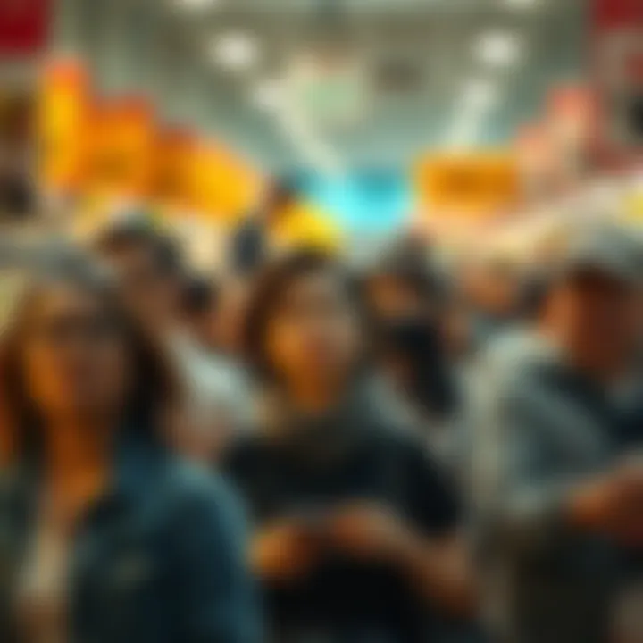 A crowd of people looking concerned while shopping as prices of goods increase.