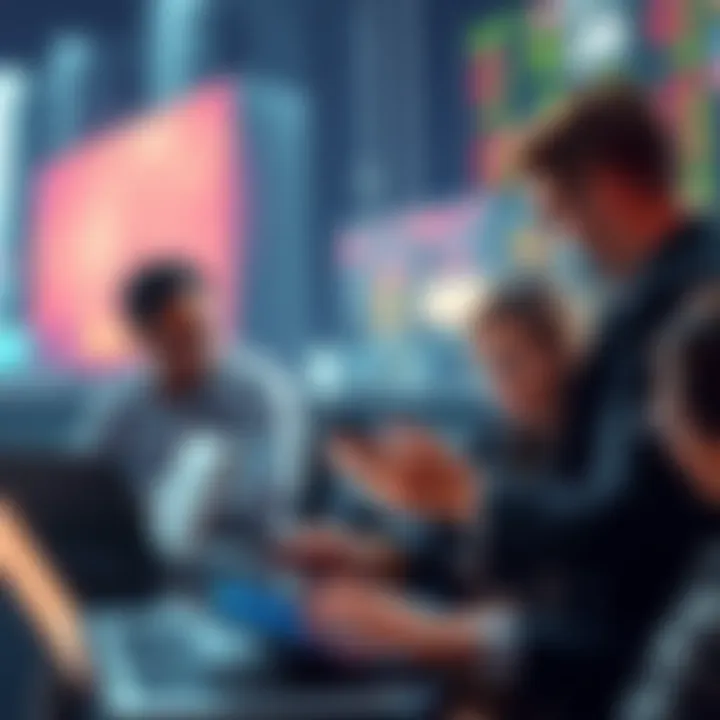 Group of people discussing and trading cryptocurrency on laptops and smartphones