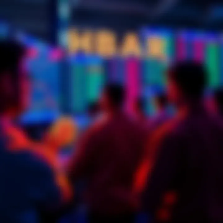 A group of people examining HBAR trading charts on screens with a backdrop of fluctuating cryptocurrency prices