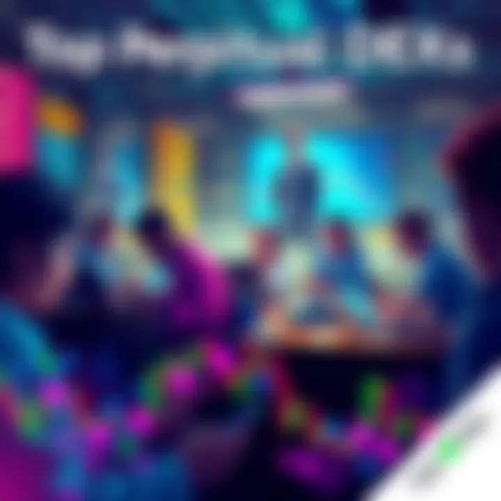 A group of people using laptops and mobile devices to trade on perpetual decentralized exchanges, focusing on platforms like GMX and dYdX.