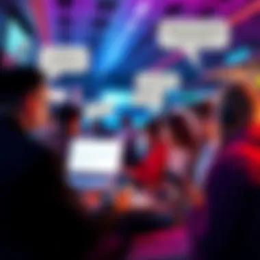 A group of people watching auction ads on screens, expressing frustration and trolling with humorous comments on their devices.