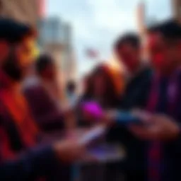 A group of people on their devices exploring decentralized finance apps while discussing financial strategies amid global unrest