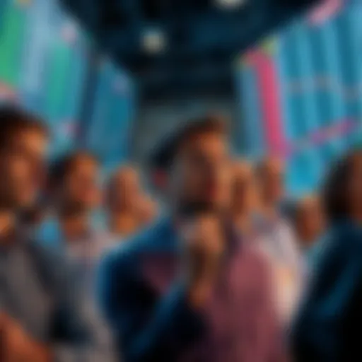 A group of people observing stock market information on screens, showing expressions of surprise and concern as others make high purchases.