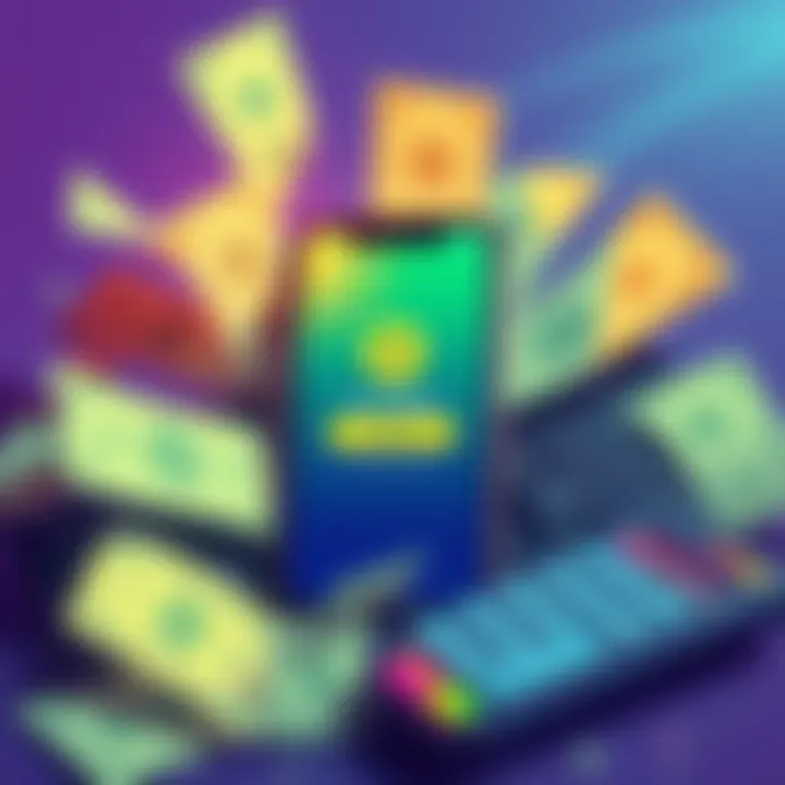 An illustration showing a phone displaying the Pera Wallet app with a cash out button highlighted, surrounded by dollar bills and a calculator, representing money management.