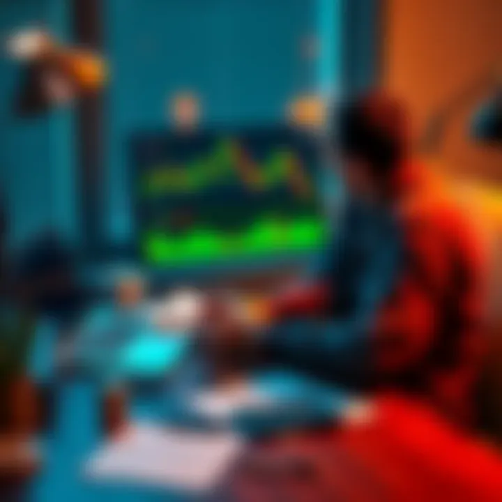 A person sits at a desk, looking at cryptocurrency charts on a laptop, with notes and a calculator nearby, symbolizing investment analysis