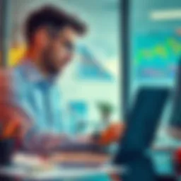 Individual studying trading charts with a laptop and notes in a bright office setting