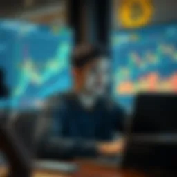 A person sitting at a desk, viewing Bitcoin charts on a laptop, appearing relaxed and focused