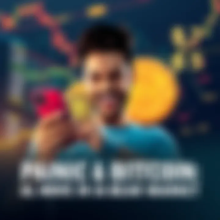 A person enthusiastically purchasing Bitcoin on their phone after receiving a paycheck, surrounded by images of falling stock prices.