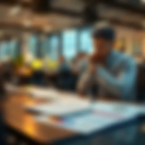 A person sitting at a desk, looking at financial documents and a laptop, contemplating investment choices during market changes.