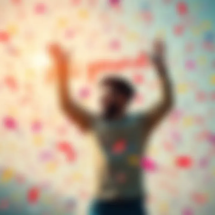 An individual standing proudly with arms raised, smiling, amidst a backdrop of positive affirmations and colorful confetti, symbolizing personal success and confidence.