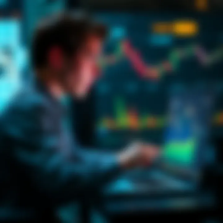 A focused individual analyzing cryptocurrency market charts on a laptop, showing price fluctuations and trends