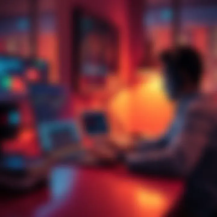 A person sits at a desk, looking intently at a laptop screen displaying financial charts and alerts for DeFi positions