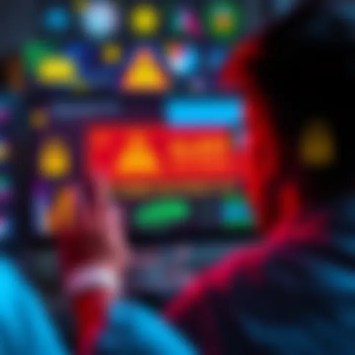 A person looking at a computer screen with warning signs about scams, surrounded by icons of money and security.