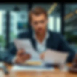 Person Looking Concerned at Bank Statement A person sitting at a table with a worried expression while reviewing a bank statement and a document from a lawyer