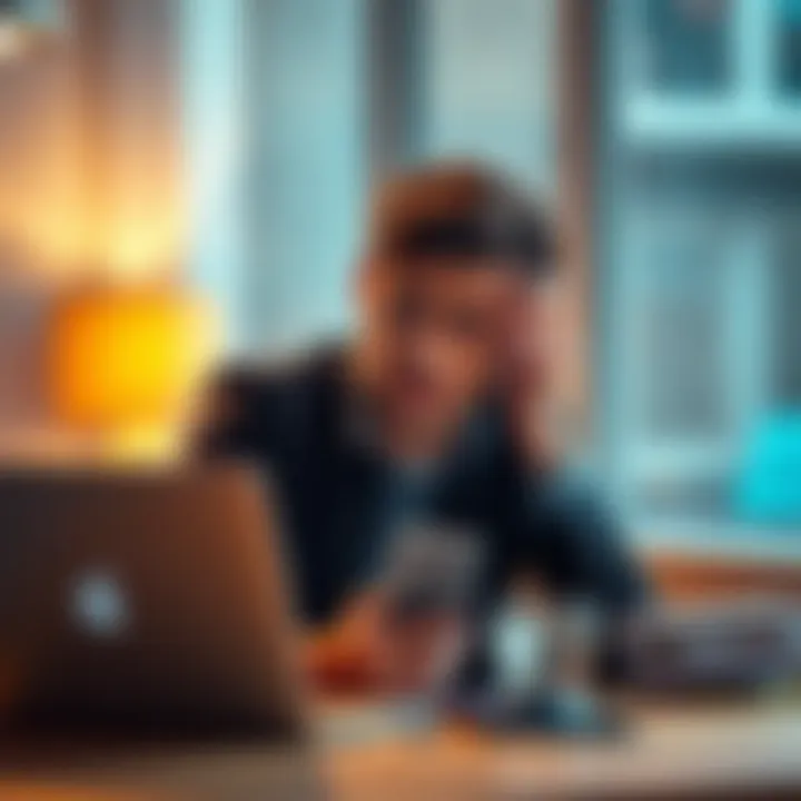 A person sitting at a table with a laptop and phone, looking worried about account closure issues with Revolut.
