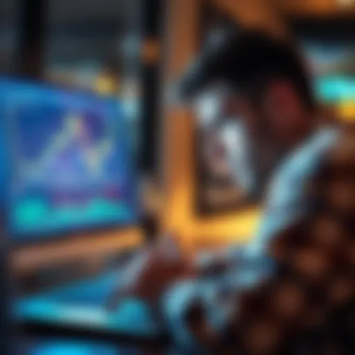An unemployed individual looking at a laptop screen displaying cryptocurrency prices and charts, reflecting on investment options with a worried expression.